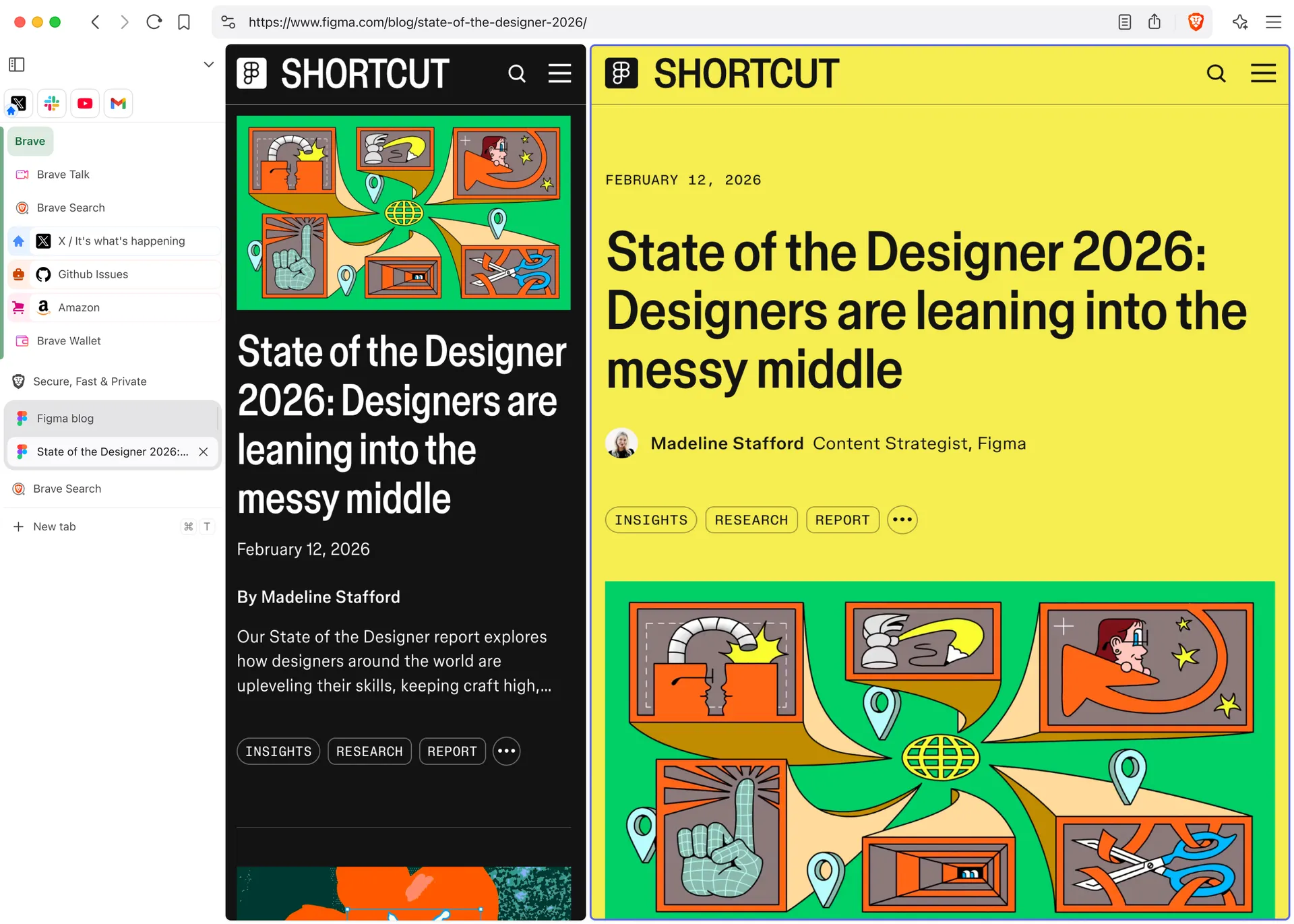 The browser, using vertical tabs with split view and containers.