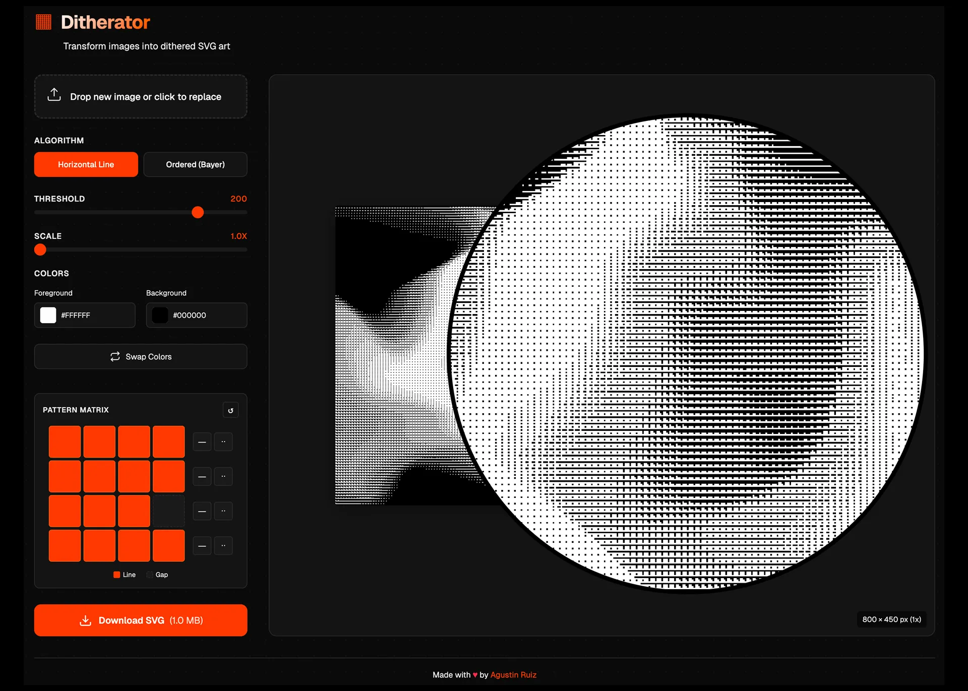 Ditherator allows us to create and customize dithered images fine tuning the dither matrix.